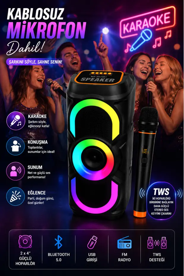Kablosuz Mikrofonlu Bluetooth Hoparlör Karaoke RGB Işıklı TWS Destekli Taşınabilir Parti Hoparlörü USB FM Radyo 
